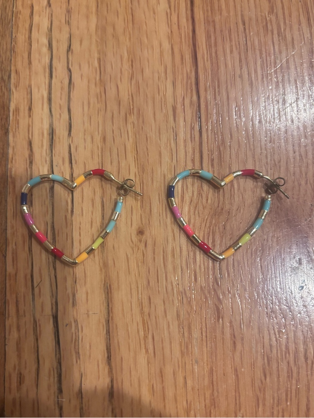 Gold Heart Hoop Earrings with Multicolor Beads